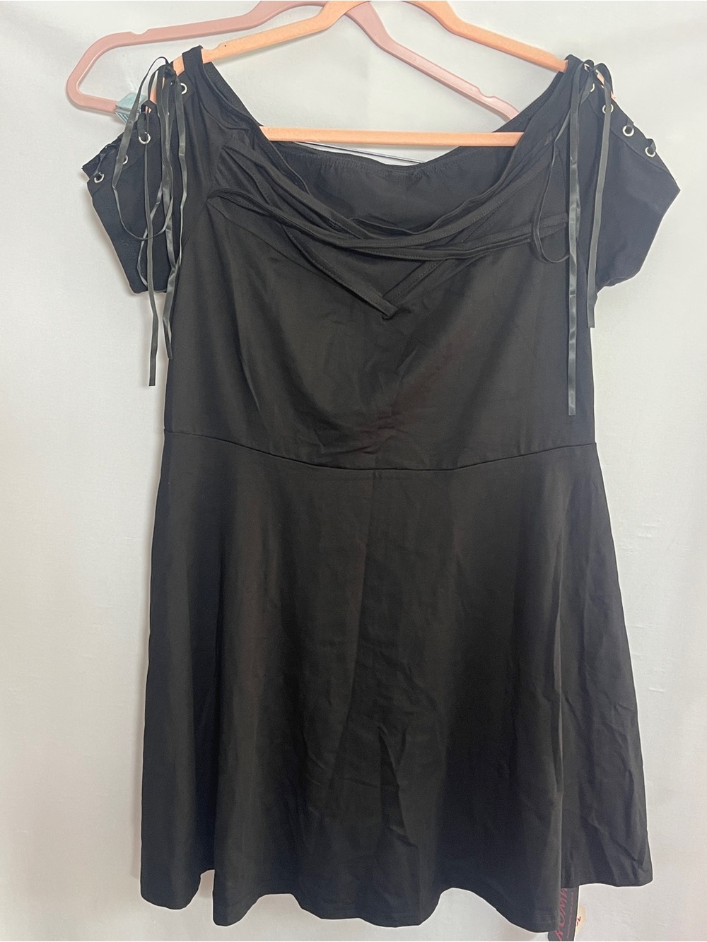 ROMWE Black Off-Shoulder Mini Dress with Ribbon Lace-Up Sleeves